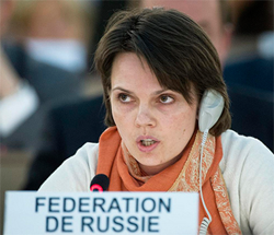 Russian representative Natalya Zolotova comments on "the deteriorating situation of Human Rights in the Syrian Arab Republic" during a recent session of the HRC. (Photo: Jean-Marc Ferré/UN Photo Geneva)