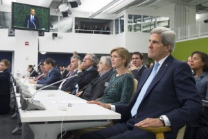 U.S. Ambassador Samantha Powers and Secretary of State John Kerry listen to opening remarks